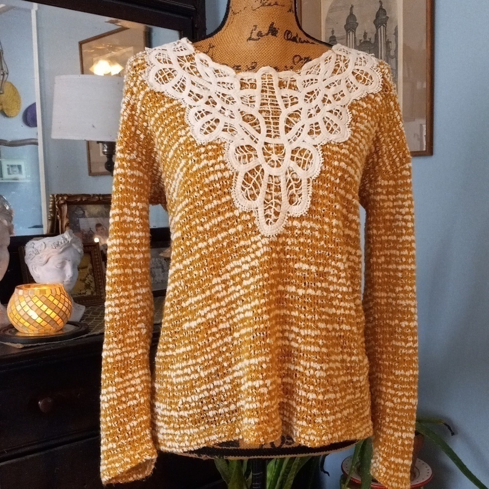 A'reve Mustard and Creamy-White Knit Lace Up Lace Applique Sweater